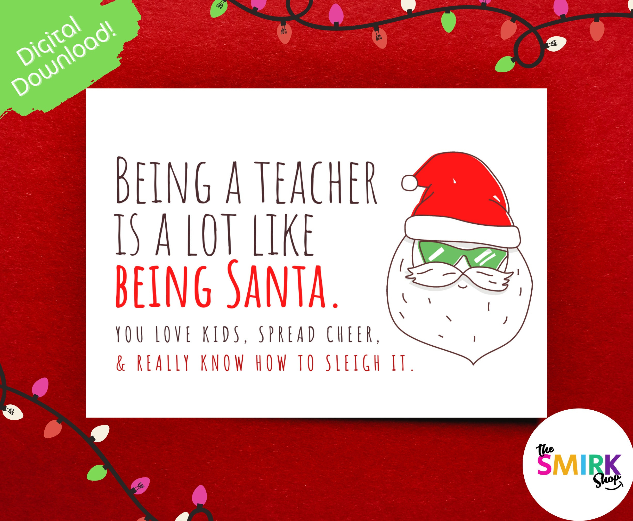 Printable Teacher Christmas Card: Santa Design (Digital Download within Printable Christmas Card For Teacher