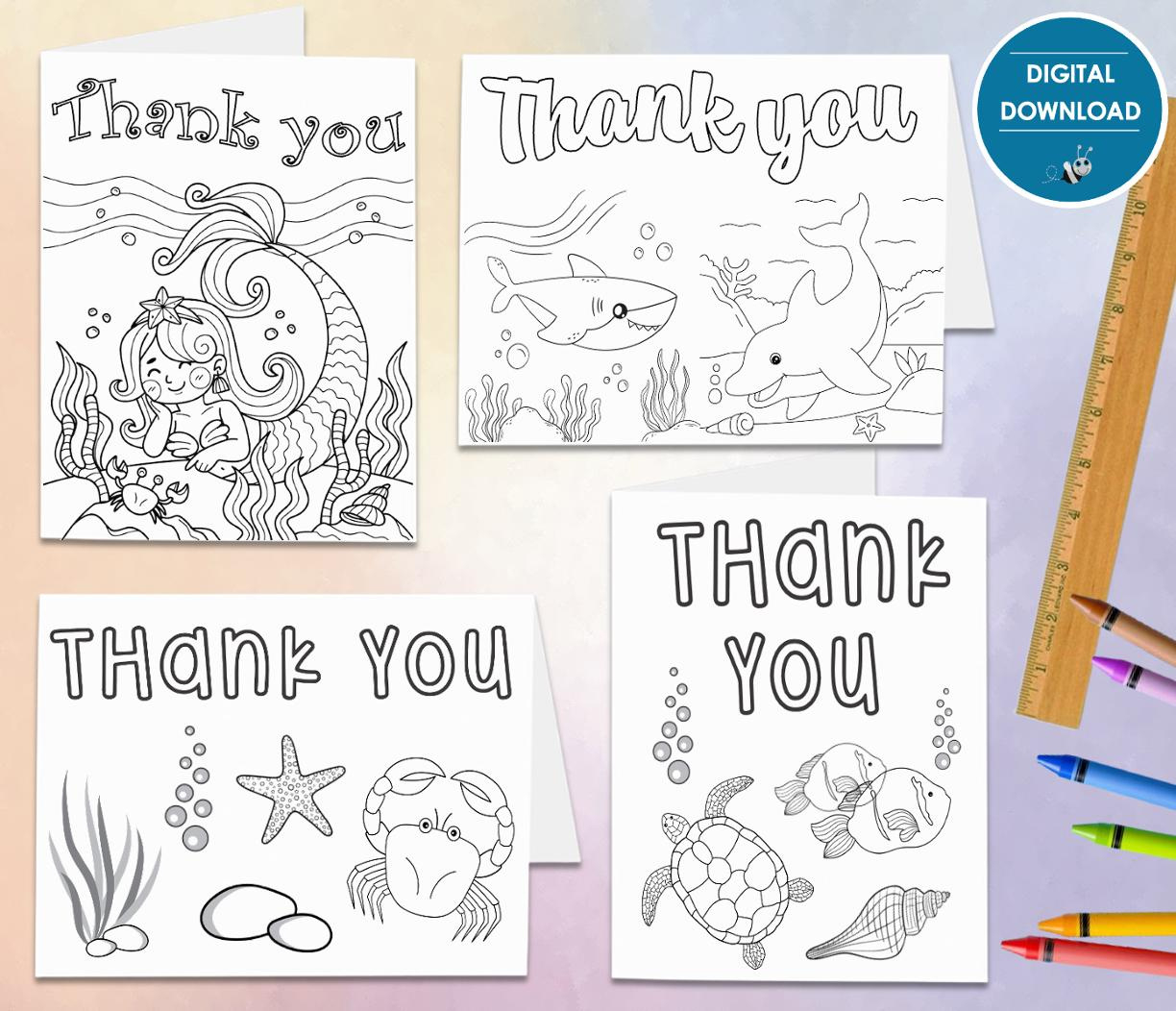 Sealife Color In Thank You Card | Digital File Instant Download with regard to Printable Greeting Cards Kids Thank You